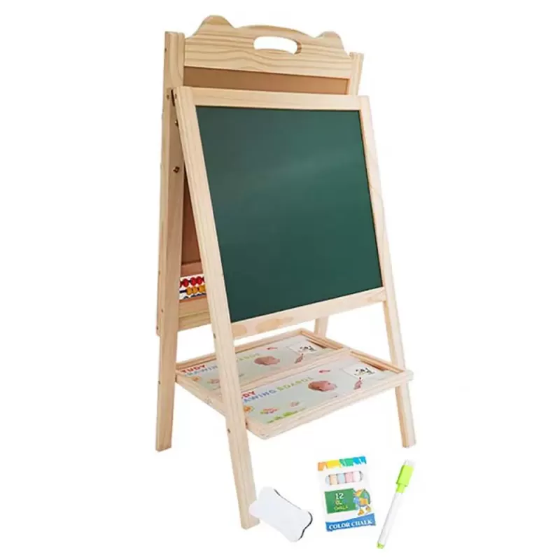 Tabla de scris din lemn, magnetica cu 2 fete, ceas, abac si accesorii, Ursulet