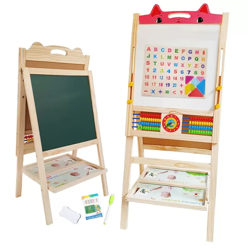 Tabla de scris din lemn, magnetica cu 2 fete, ceas, abac si accesorii, Vulpita