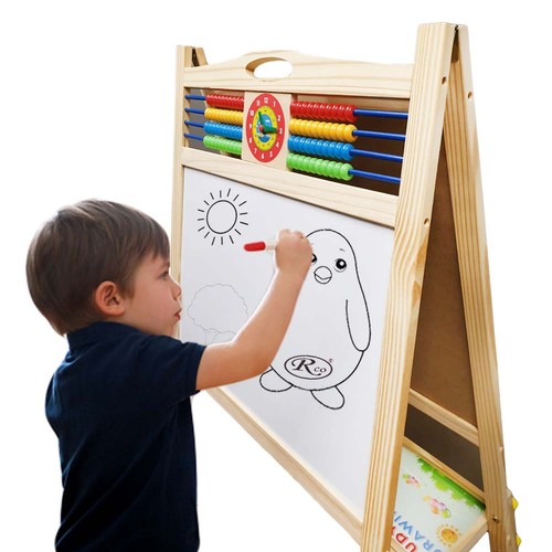 Tabla magnetica cu doua fete, litere, cifre si accesorii, inaltime reglabila 105-115-140 cm, din lemn