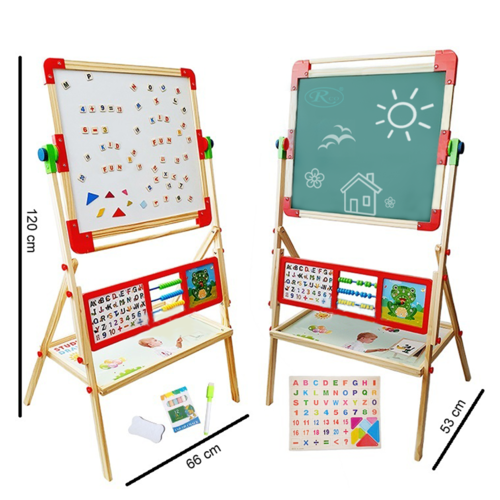 Tabla magnetica multifunctionala cu ceas, abac, alfabet si accesorii, din lemn, 125 x 68 cm