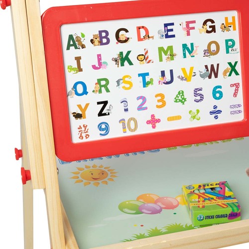 Tabla magnetica multifunctionala cu ceas, abac, alfabet si accesorii, din lemn, 125 x 68 cm