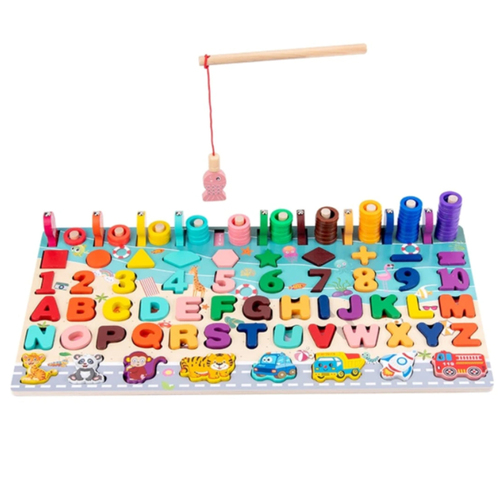 Joc lemn 6 in 1 Montessori cu logaritmic cu stivuire piese, litere, cifre, mijloace de transport, forme geometrice si pescuit magnetic