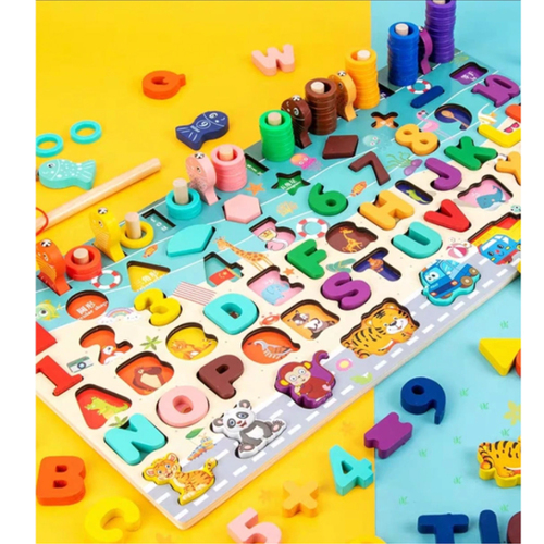 Joc lemn 6 in 1 Montessori cu logaritmic cu stivuire piese, litere, cifre, mijloace de transport, forme geometrice si pescuit magnetic