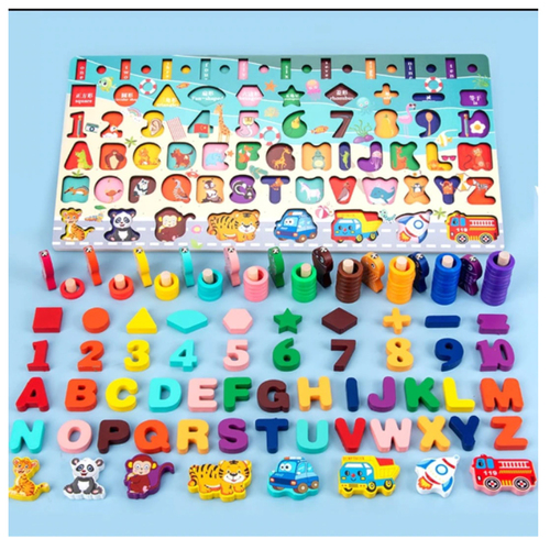 Joc lemn 6 in 1 Montessori cu logaritmic cu stivuire piese, litere, cifre, mijloace de transport, forme geometrice si pescuit magnetic