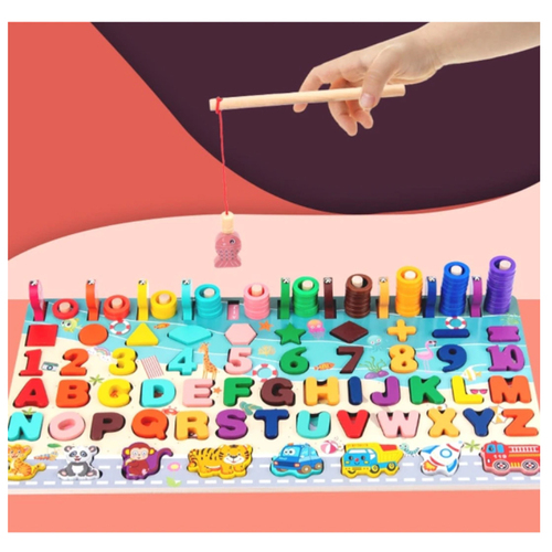 Joc lemn 6 in 1 Montessori cu logaritmic cu stivuire piese, litere, cifre, mijloace de transport, forme geometrice si pescuit magnetic