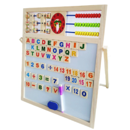 Tabla educativa magnetica din lemn 5 in 1 cu alfabet, cifre, abac si ceas