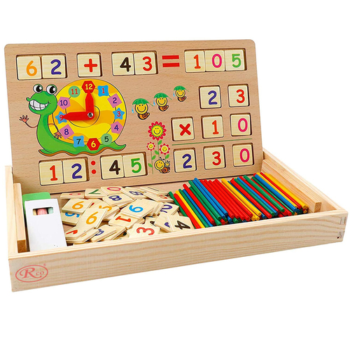 Tabla multifunctionala Montessori cu operatiuni matematice, ceas, betisoare si creta colorata