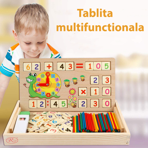 Tabla multifunctionala Montessori cu operatiuni matematice, ceas, betisoare si creta colorata
