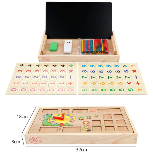 Tabla multifunctionala Montessori cu operatiuni matematice, ceas, betisoare si creta colorata