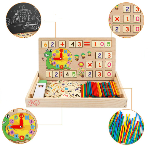 Tabla multifunctionala Montessori cu operatiuni matematice, ceas, betisoare si creta colorata