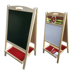 Tabla Multifunctionala Dubla din Lemn 70 x 37cm cu 2 Fete + Ceas, Abacus, Set Creta Colorata si Buretel