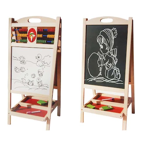 Tabla Multifunctionala Dubla din Lemn 70 x 37cm cu 2 Fete + Ceas, Abacus, Set Creta Colorata si Buretel