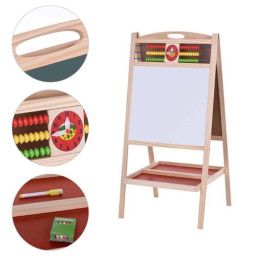 Tabla multifunctionala dubla din lemn, 90x45cm cu 2 fete + ceas, abacus set creta colorata si buretel