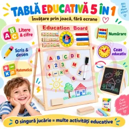 Tabla educativa magnetica din lemn 5 in 1, cu alfabet, cifre, abac si ceas, 64 x 48 cm