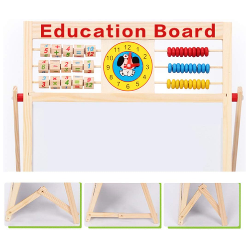 Set Tabla Multifunctionala RCO 5 in 1, Magnetica cu 2 fete Scris si Desenat, Litere si Cifre magnetice, Abac, Ceas analog, Set Creta Colorata, Marker, Burete, Rama din Lemn, 44×32×1.5 cm