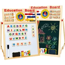 Tabla educativa magnetica din lemn 5 in 1, cu alfabet, cifre, abac si ceas, 44 x 32 cm