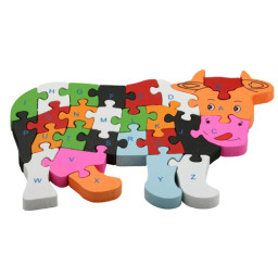 Puzzle 3D din lemn, vacuta, 26 piese, cu litere si cifre