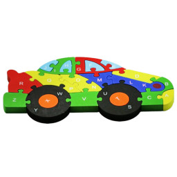 Puzzle 3D din lemn, masinuta, 26 piese, cu litere si cifre