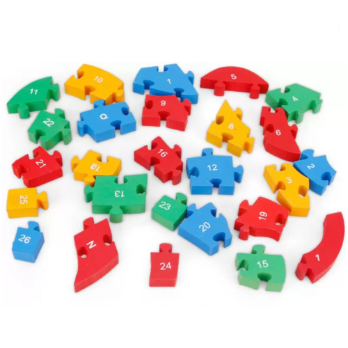 Puzzle 3D din lemn, elefantel, 26 piese, cu litere si cifre