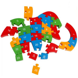 Puzzle 3D din lemn, elefantel, 26 piese, cu litere si cifre