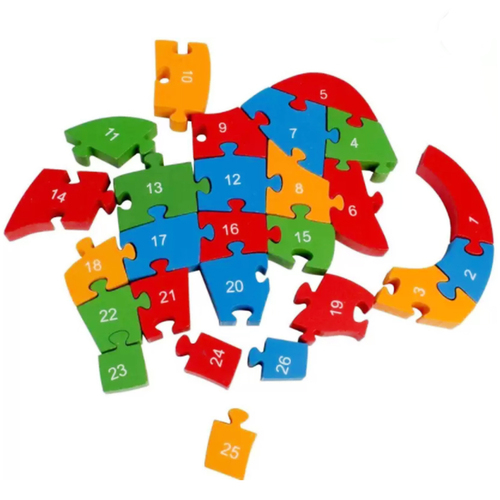 Puzzle 3D din lemn, elefantel, 26 piese, cu litere si cifre