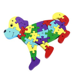 Puzzle 3D din lemn, caine, 26 piese, cu litere si cifre