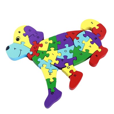 Puzzle 3D din lemn, caine, 26 piese, cu litere si cifre