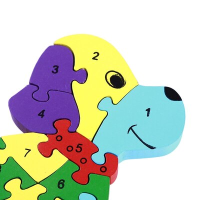 Puzzle 3D din lemn, caine, 26 piese, cu litere si cifre