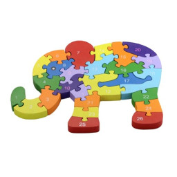 Puzzle 3D din lemn, elefant, 26 piese, cu litere si cifre