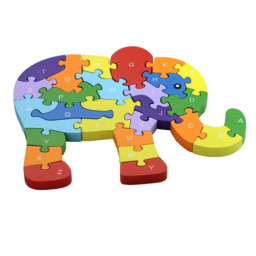 Puzzle 3D din lemn, elefant, 26 piese, cu litere si cifre