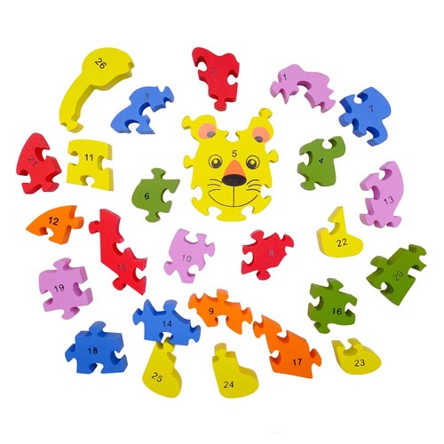 Puzzle 3D din lemn, leu, 26 piese, cu litere si cifre