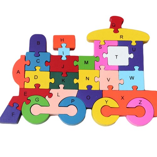 Puzzle 3D din lemn, locomotiva, 26 piese, cu litere si cifre