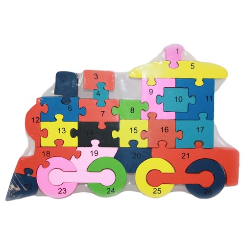 Puzzle 3D din lemn, locomotiva, 26 piese, cu litere si cifre