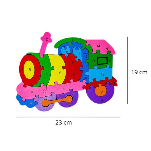 Puzzle 3D din lemn, locomotiva, 26 piese, cu litere si cifre