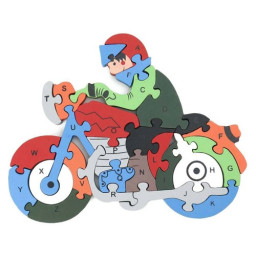 Puzzle 3D din lemn, motocicleta, 26 piese, cu litere si cifre