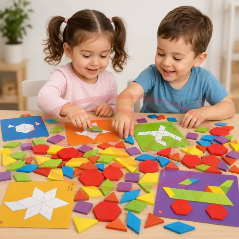 Tangram din Lemn pentru Copii, Joc Educativ Montessori cu 155 Piese Colorate, Forme Geometrice si Planse cu Modele, 3-6 Ani