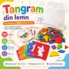 Tangram din Lemn pentru Copii, Joc Educativ Montessori cu 155 Piese Colorate, Forme Geometrice si Planse cu Modele, 3-6 Ani