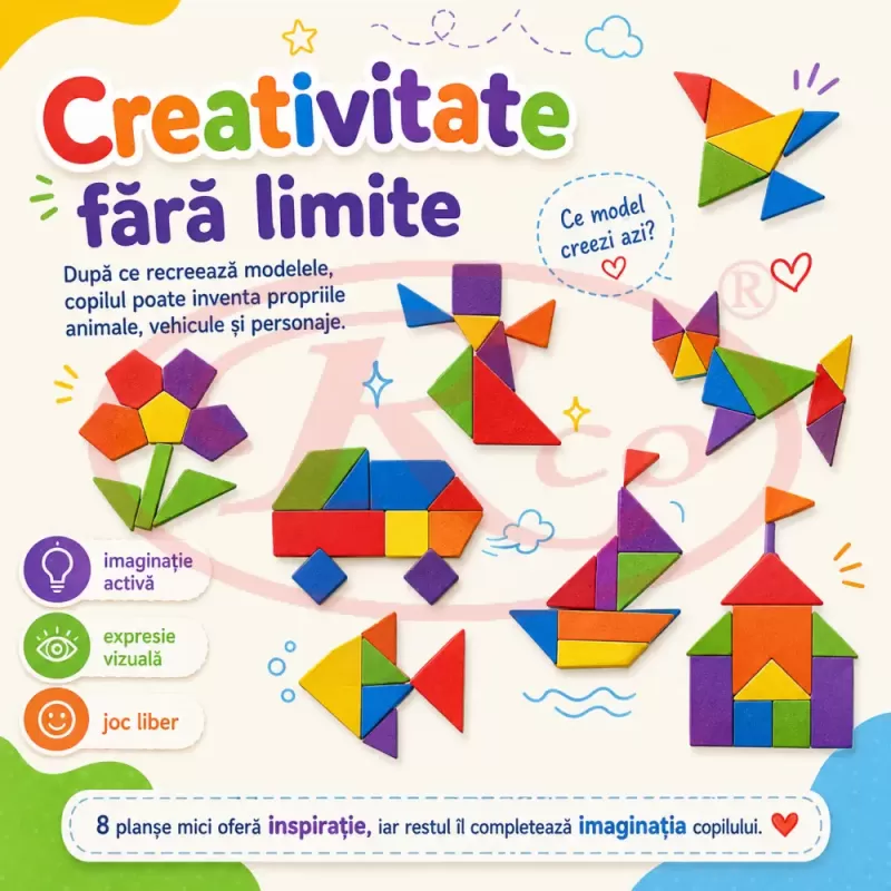 Tangram din Lemn pentru Copii, Joc Educativ Montessori cu 155 Piese Colorate, Forme Geometrice si Planse cu Modele, 3-6 Ani