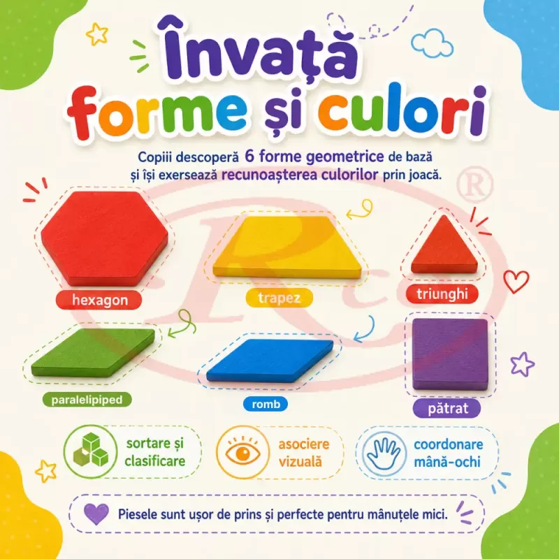 Tangram din Lemn pentru Copii, Joc Educativ Montessori cu 155 Piese Colorate, Forme Geometrice si Planse cu Modele, 3-6 Ani