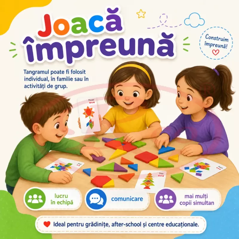 Tangram din Lemn pentru Copii, Joc Educativ Montessori cu 155 Piese Colorate, Forme Geometrice si Planse cu Modele, 3-6 Ani
