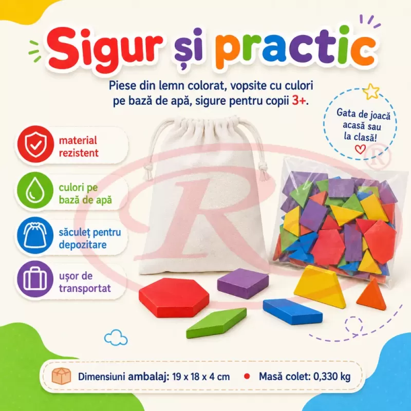 Tangram din Lemn pentru Copii, Joc Educativ Montessori cu 155 Piese Colorate, Forme Geometrice si Planse cu Modele, 3-6 Ani