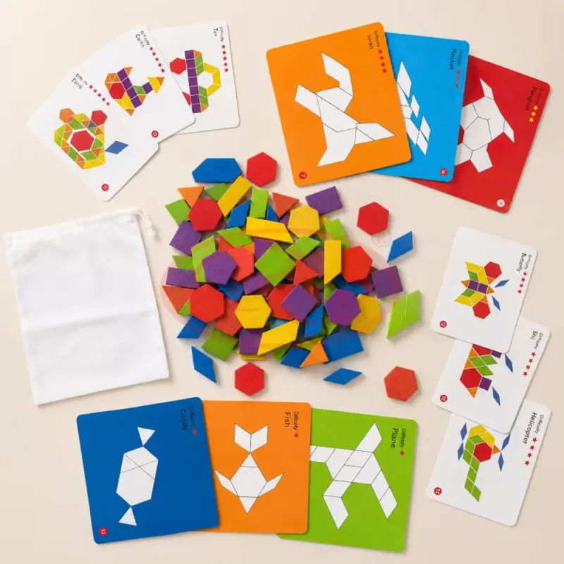 Tangram din Lemn pentru Copii, Joc Educativ Montessori cu 155 Piese Colorate, Forme Geometrice si Planse cu Modele, 3-6 Ani