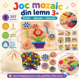 Joc Mozaic din Lemn pentru Copii, 257 Piese Pioneze Colorate, Joc Educativ de Creativitate si Logica, 3+ Ani