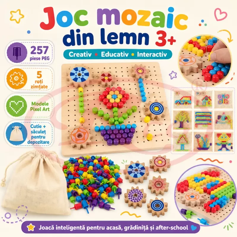 Joc Mozaic din Lemn pentru Copii, 257 Piese Pioneze Colorate, Joc Educativ de Creativitate si Logica, 3+ Ani