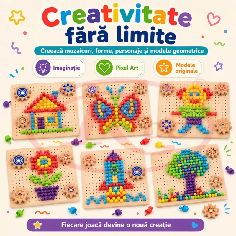 Joc Mozaic din Lemn pentru Copii, 257 Piese Pioneze Colorate, Joc Educativ de Creativitate si Logica, 3+ Ani
