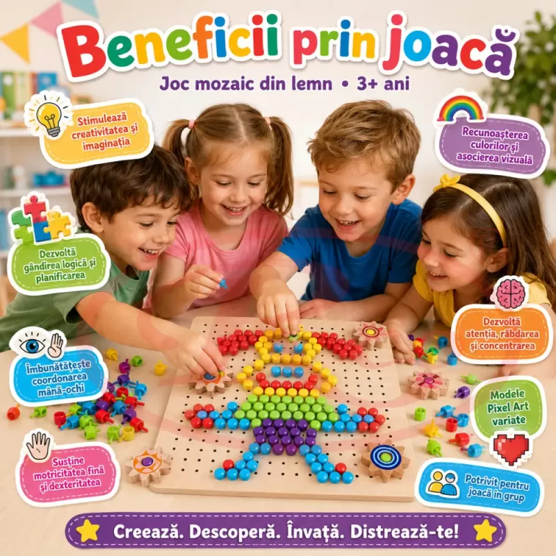 Joc Mozaic din Lemn pentru Copii, 257 Piese Pioneze Colorate, Joc Educativ de Creativitate si Logica, 3+ Ani