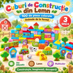 Cuburi de constructie din lemn, 100 piese multicolore, ferma animalelor