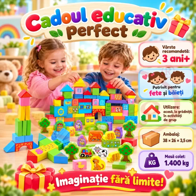 Cuburi de constructie din lemn , 100 de piese colorate cu animale de la ferma