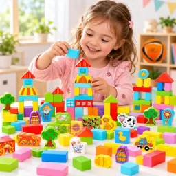 Cuburi de constructie din lemn, 100 piese multicolore, ferma animalelor
