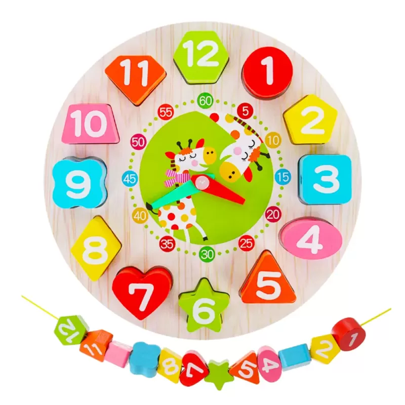 Jucarie 3 in 1 Ceas, Puzzle si Joc de snuruit din lemn